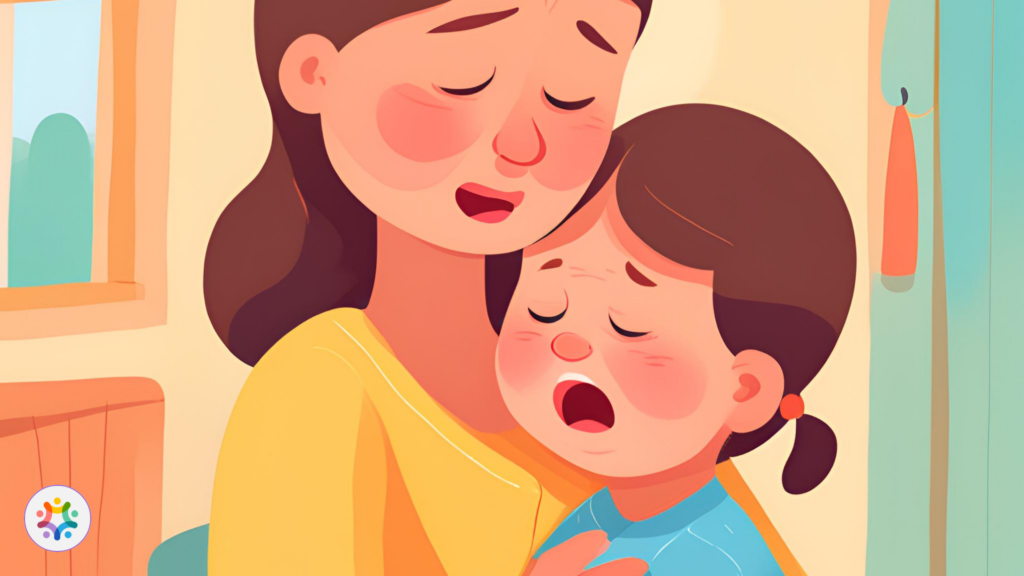 Ilustração de uma mãe abraçada com sua filha que está chorando