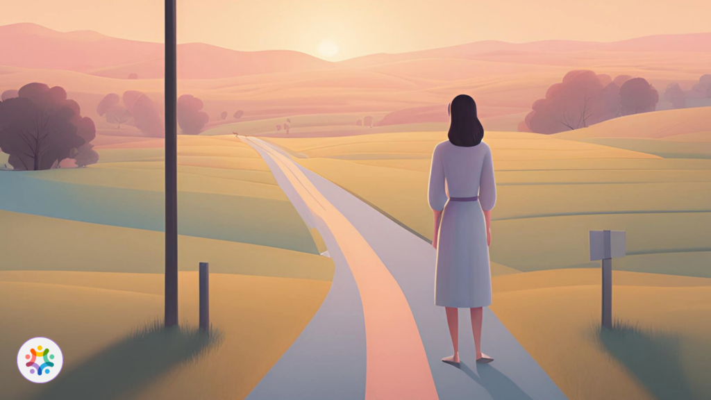 Ilustração de uma mulher de costas, caminhando em uma estrada