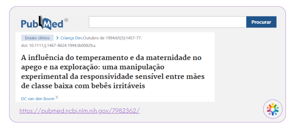 Print de tela de artigo publicado com pesquisa de Dymphna Van den Boom. Mostra o título do artigo: A influência do temperamento e da maternidade no apego e na exploração